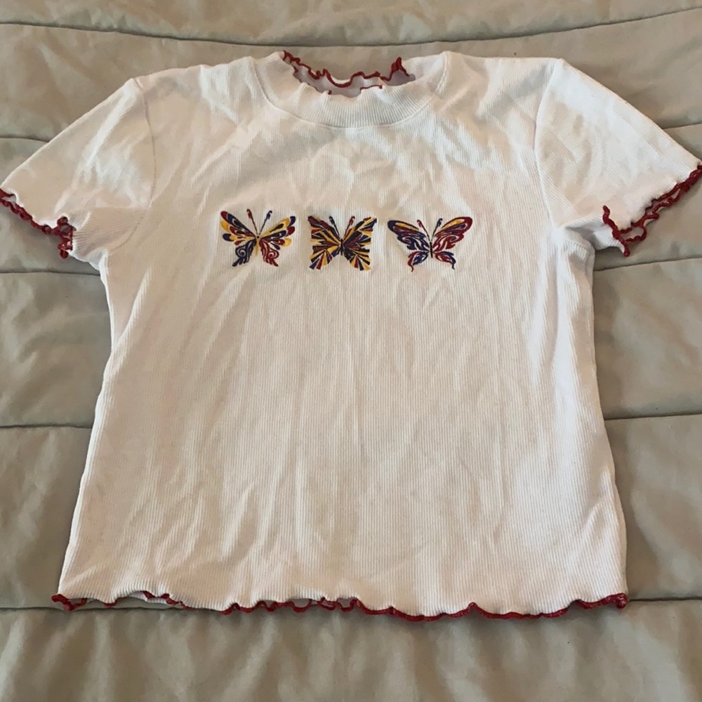 White, Colorful Butterfly Shirt with red lining.